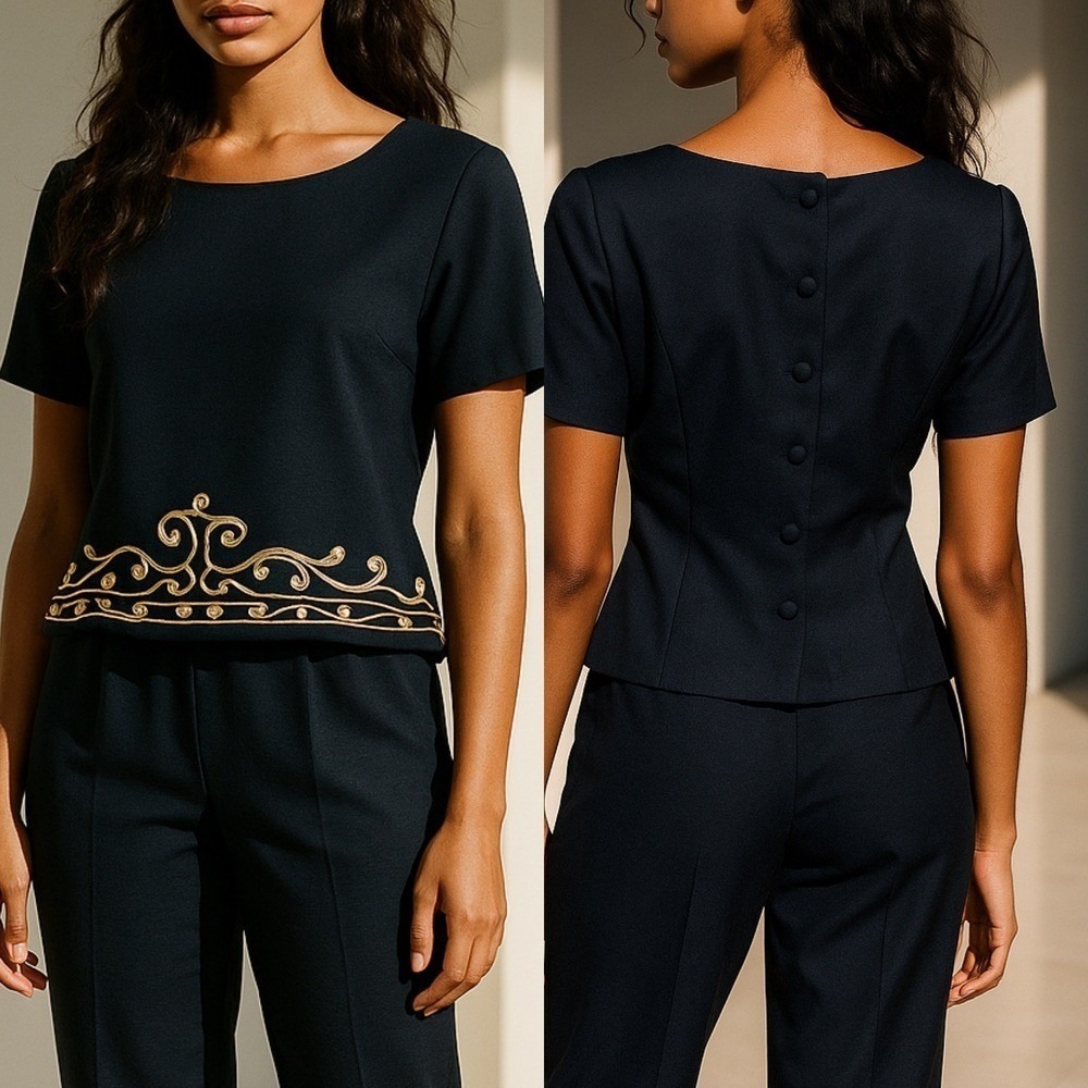 Halmode Petites Black Gold Soutache 2‎ Piece Pant Set Size 8 Vintage 90s Boho